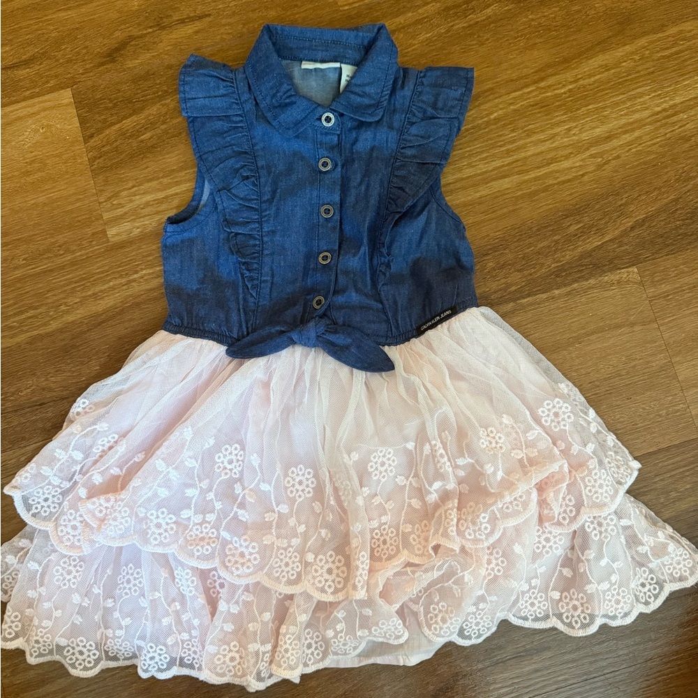 Calvin Klein Jeans Blue Denim Top with ruffled pink bottom dress KIDS